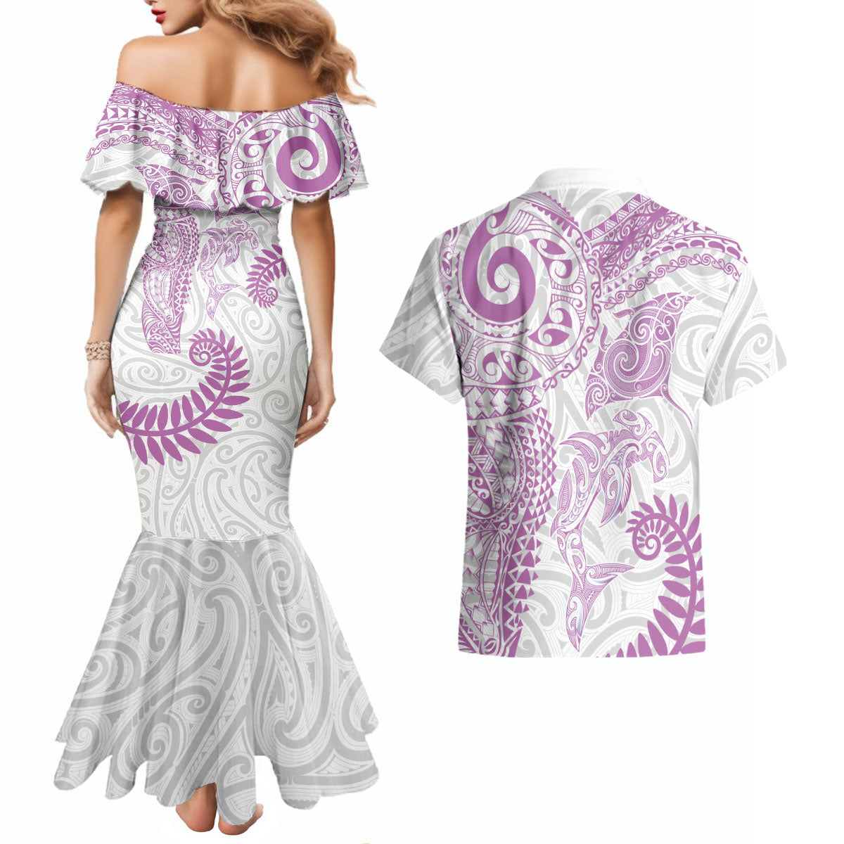 Aotearoa Maori Sea Animals Tribal Couples Matching Mermaid Dress and Hawaiian Shirt Manta Ray and Shark Moko Pattern Pink Color LT03 - Polynesian Pride