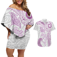 Aotearoa Maori Sea Animals Tribal Couples Matching Off Shoulder Short Dress and Hawaiian Shirt Manta Ray and Shark Moko Pattern Pink Color LT03 Pink - Polynesian Pride