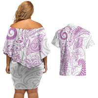 Aotearoa Maori Sea Animals Tribal Couples Matching Off Shoulder Short Dress and Hawaiian Shirt Manta Ray and Shark Moko Pattern Pink Color LT03 - Polynesian Pride
