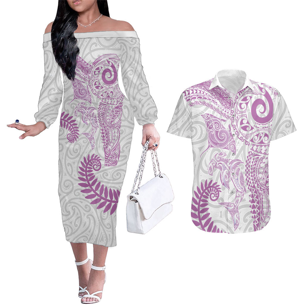 Aotearoa Maori Sea Animals Tribal Couples Matching Off The Shoulder Long Sleeve Dress and Hawaiian Shirt Manta Ray and Shark Moko Pattern Pink Color LT03 Pink - Polynesian Pride