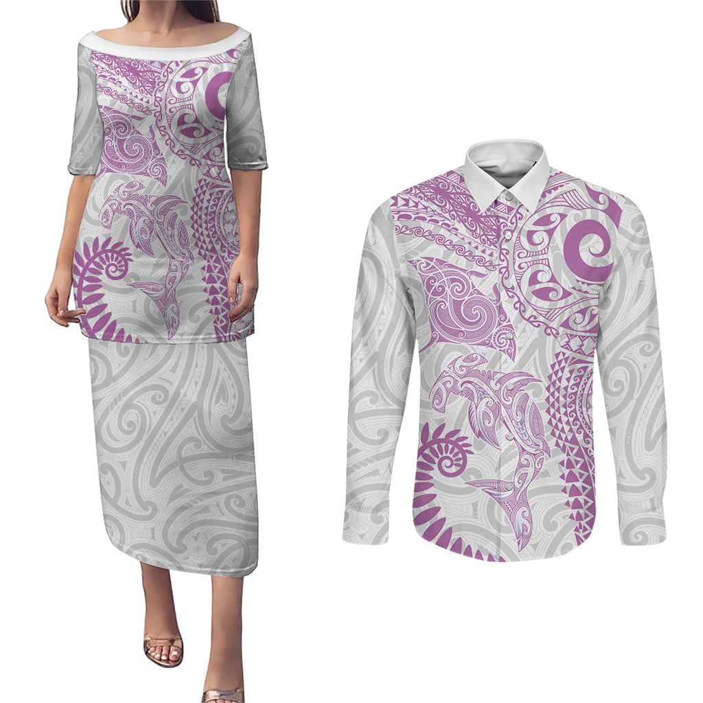 Aotearoa Maori Sea Animals Tribal Couples Matching Puletasi and Long Sleeve Button Shirt Manta Ray and Shark Moko Pattern Pink Color LT03 Pink - Polynesian Pride