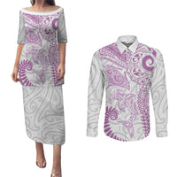 Aotearoa Maori Sea Animals Tribal Couples Matching Puletasi and Long Sleeve Button Shirt Manta Ray and Shark Moko Pattern Pink Color LT03 Pink - Polynesian Pride
