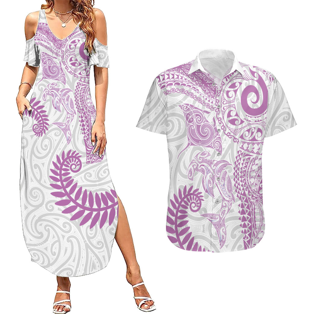 Aotearoa Maori Sea Animals Tribal Couples Matching Summer Maxi Dress and Hawaiian Shirt Manta Ray and Shark Moko Pattern Pink Color LT03 Pink - Polynesian Pride