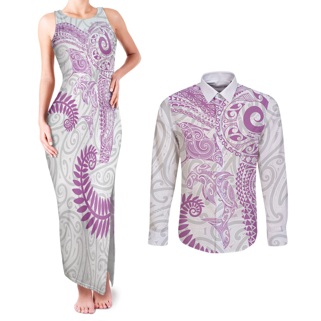 Aotearoa Maori Sea Animals Tribal Couples Matching Tank Maxi Dress and Long Sleeve Button Shirt Manta Ray and Shark Moko Pattern Pink Color
