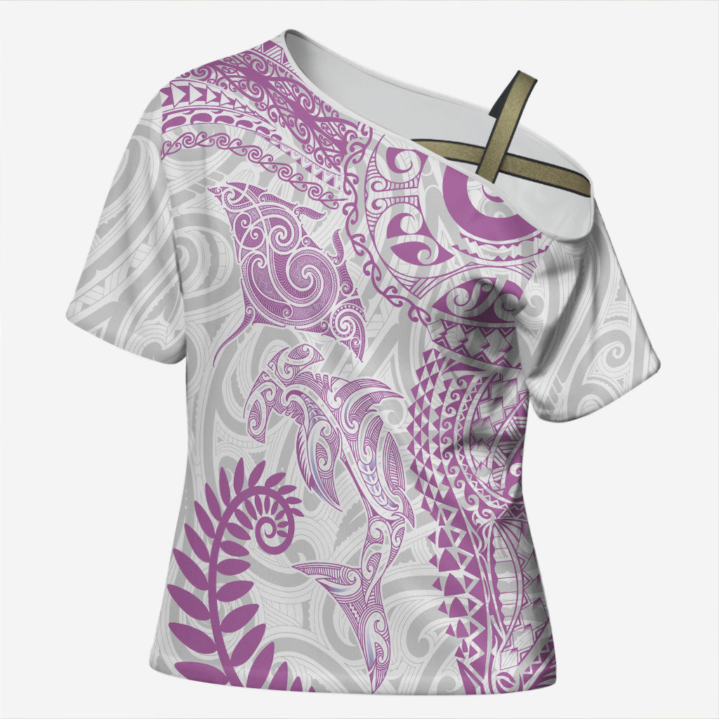 Aotearoa Maori Sea Animals Tribal Cross Shoulder Shirt Manta Ray and Shark Moko Pattern Pink Color LT03 Female Pink - Polynesian Pride