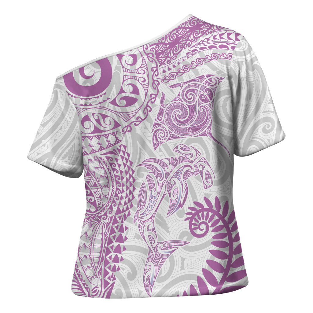 Aotearoa Maori Sea Animals Tribal Cross Shoulder Shirt Manta Ray and Shark Moko Pattern Pink Color LT03 - Polynesian Pride
