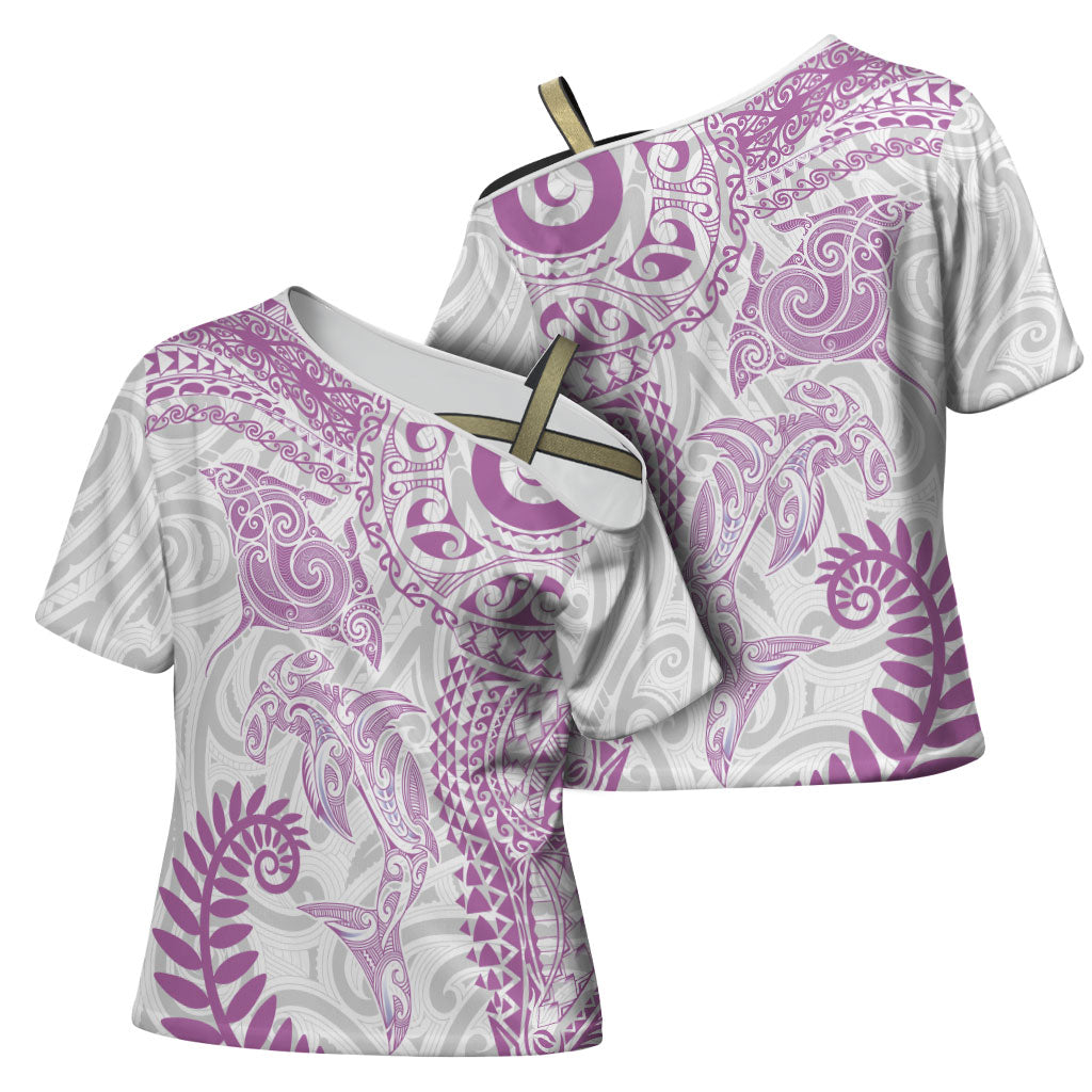 Aotearoa Maori Sea Animals Tribal Cross Shoulder Shirt Manta Ray and Shark Moko Pattern Pink Color LT03 - Polynesian Pride