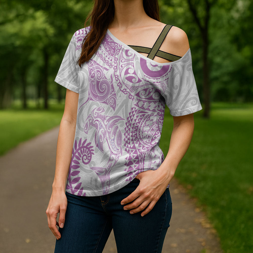Aotearoa Maori Sea Animals Tribal Cross Shoulder Shirt Manta Ray and Shark Moko Pattern Pink Color LT03 - Polynesian Pride