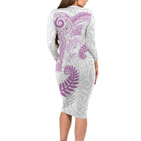 Aotearoa Maori Sea Animals Tribal Family Matching Long Sleeve Bodycon Dress and Hawaiian Shirt Manta Ray and Shark Moko Pattern Pink Color LT03 - Polynesian Pride