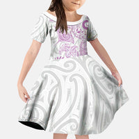Aotearoa Maori Sea Animals Tribal Family Matching Off The Shoulder Long Sleeve Dress and Hawaiian Shirt Manta Ray and Shark Moko Pattern Pink Color LT03 Daughter's Dress Pink - Polynesian Pride