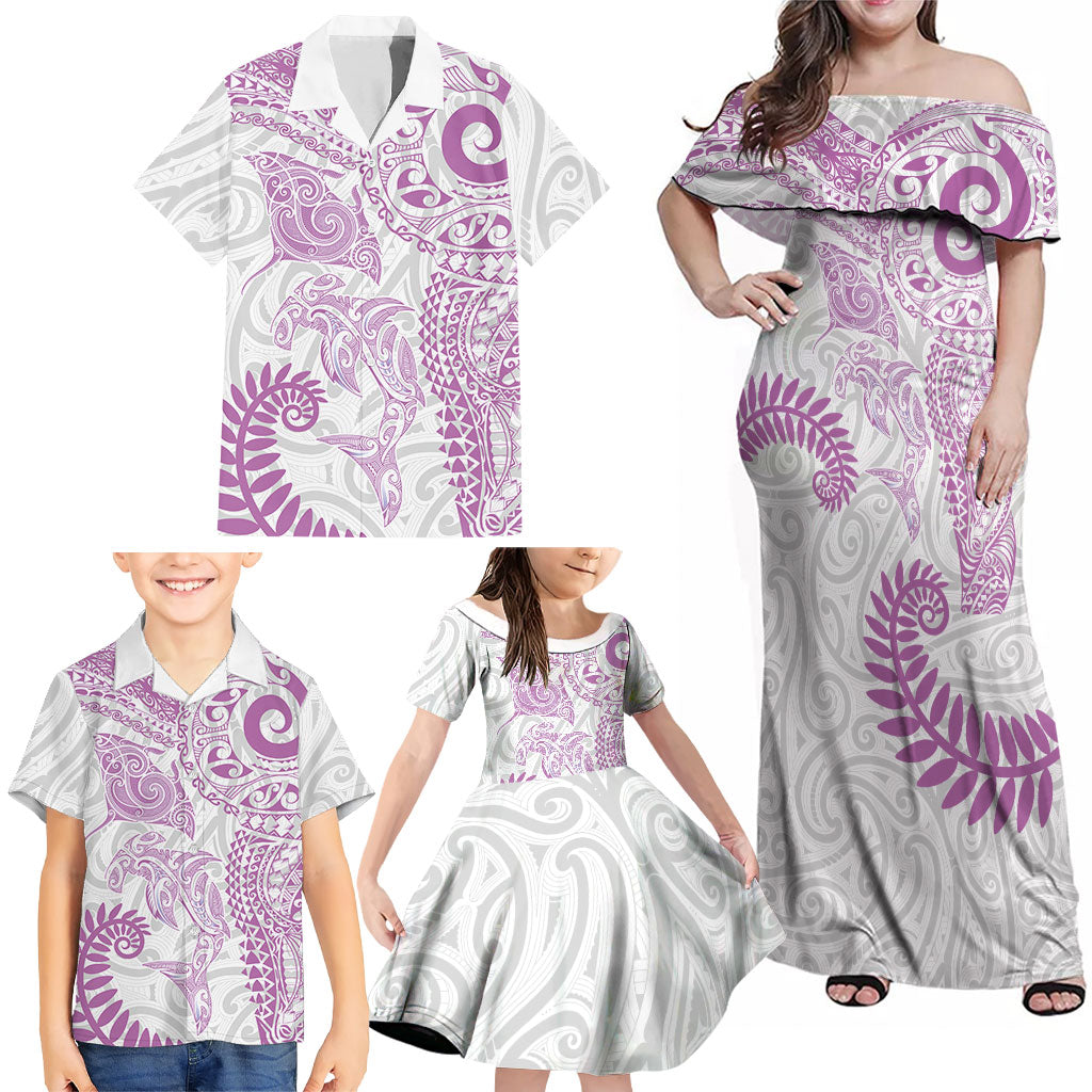 Aotearoa Maori Sea Animals Tribal Family Matching Off Shoulder Maxi Dress and Hawaiian Shirt Manta Ray and Shark Moko Pattern Pink Color LT03 - Polynesian Pride