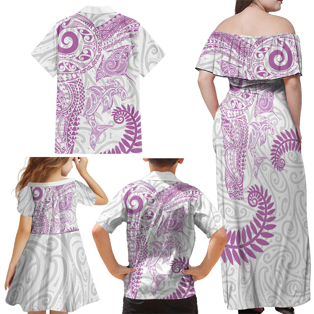 Aotearoa Maori Sea Animals Tribal Family Matching Off Shoulder Maxi Dress and Hawaiian Shirt Manta Ray and Shark Moko Pattern Pink Color LT03 - Polynesian Pride