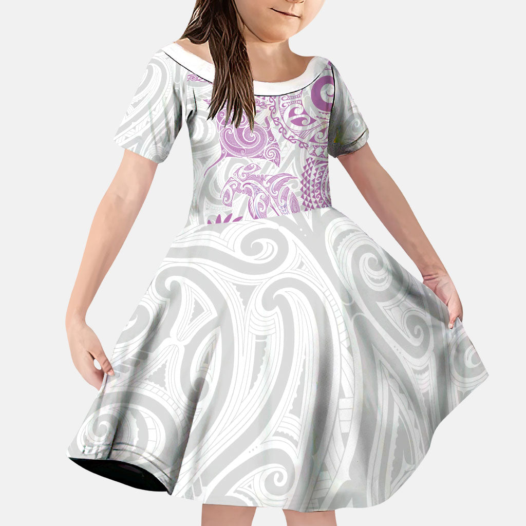 Aotearoa Maori Sea Animals Tribal Family Matching Off Shoulder Short Dress and Hawaiian Shirt Manta Ray and Shark Moko Pattern Pink Color LT03 Daughter's Dress Pink - Polynesian Pride