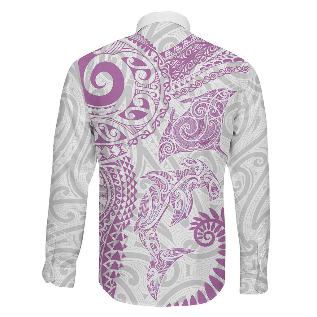 Aotearoa Maori Sea Animals Tribal Family Matching Off Shoulder Short Dress and Hawaiian Shirt Manta Ray and Shark Moko Pattern Pink Color LT03 - Polynesian Pride