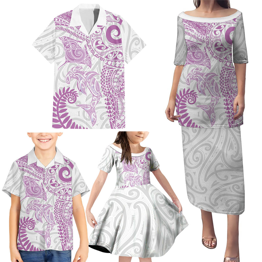 Aotearoa Maori Sea Animals Tribal Family Matching Puletasi and Hawaiian Shirt Manta Ray and Shark Moko Pattern Pink Color LT03 - Polynesian Pride