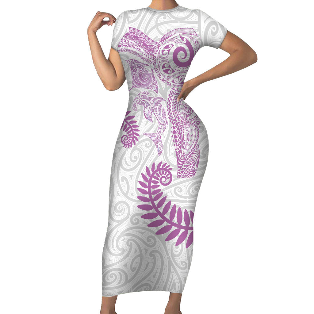 Aotearoa Maori Sea Animals Tribal Family Matching Short Sleeve Bodycon Dress and Hawaiian Shirt Manta Ray and Shark Moko Pattern Pink Color LT03 Mom's Dress Pink - Polynesian Pride