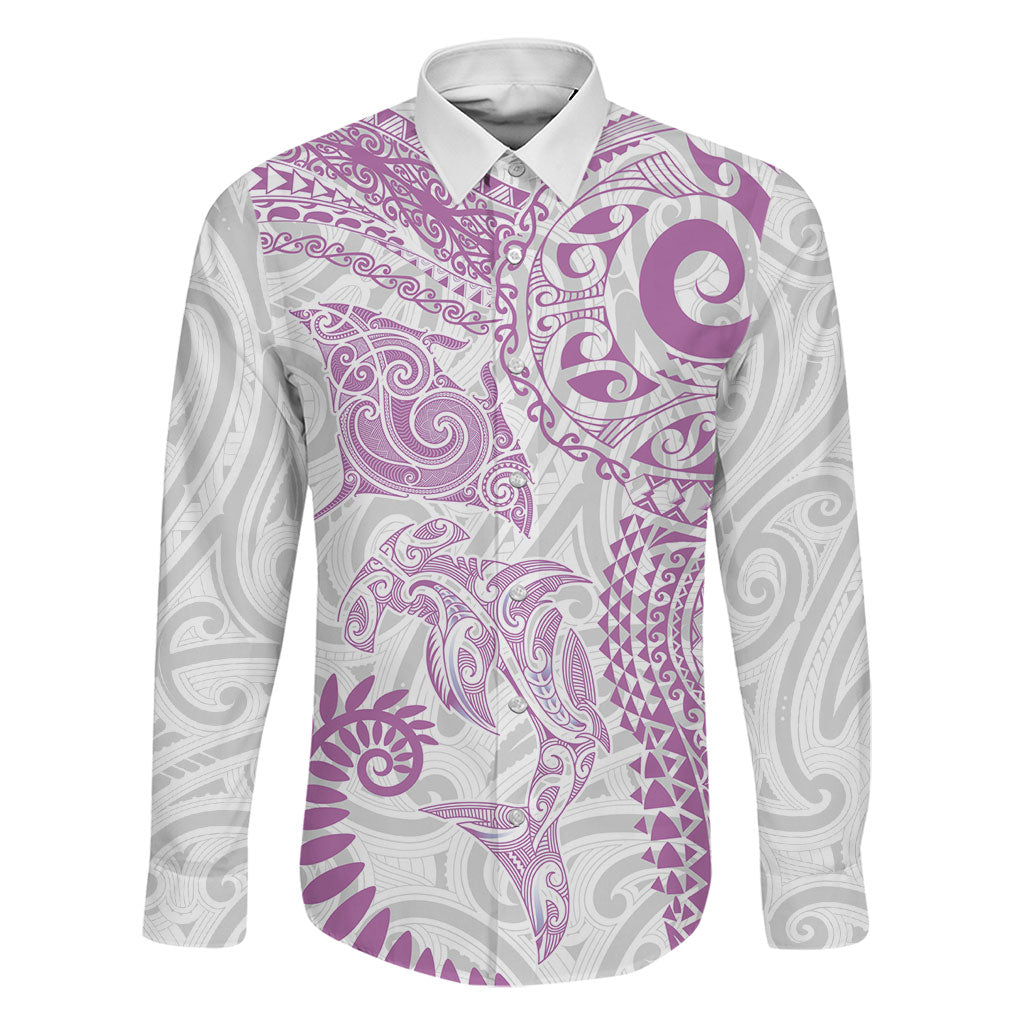 Aotearoa Maori Sea Animals Tribal Family Matching Tank Maxi Dress and Hawaiian Shirt Manta Ray and Shark Moko Pattern Pink Color LT03 Dad's Shirt - Long Sleeve Pink - Polynesian Pride