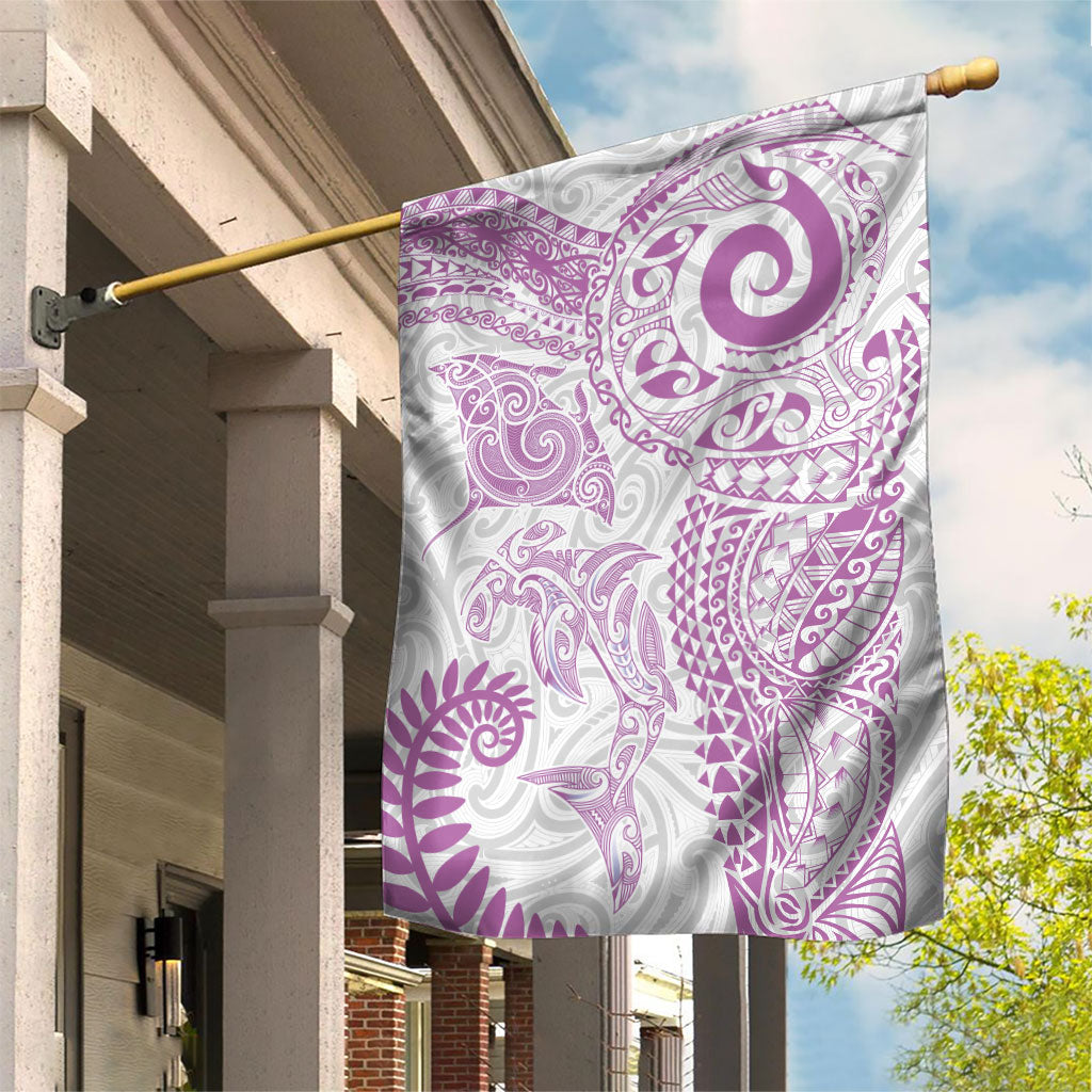 Aotearoa Maori Sea Animals Tribal Garden Flag Manta Ray and Shark Moko Pattern Pink Color LT03 House Flag Pink - Polynesian Pride