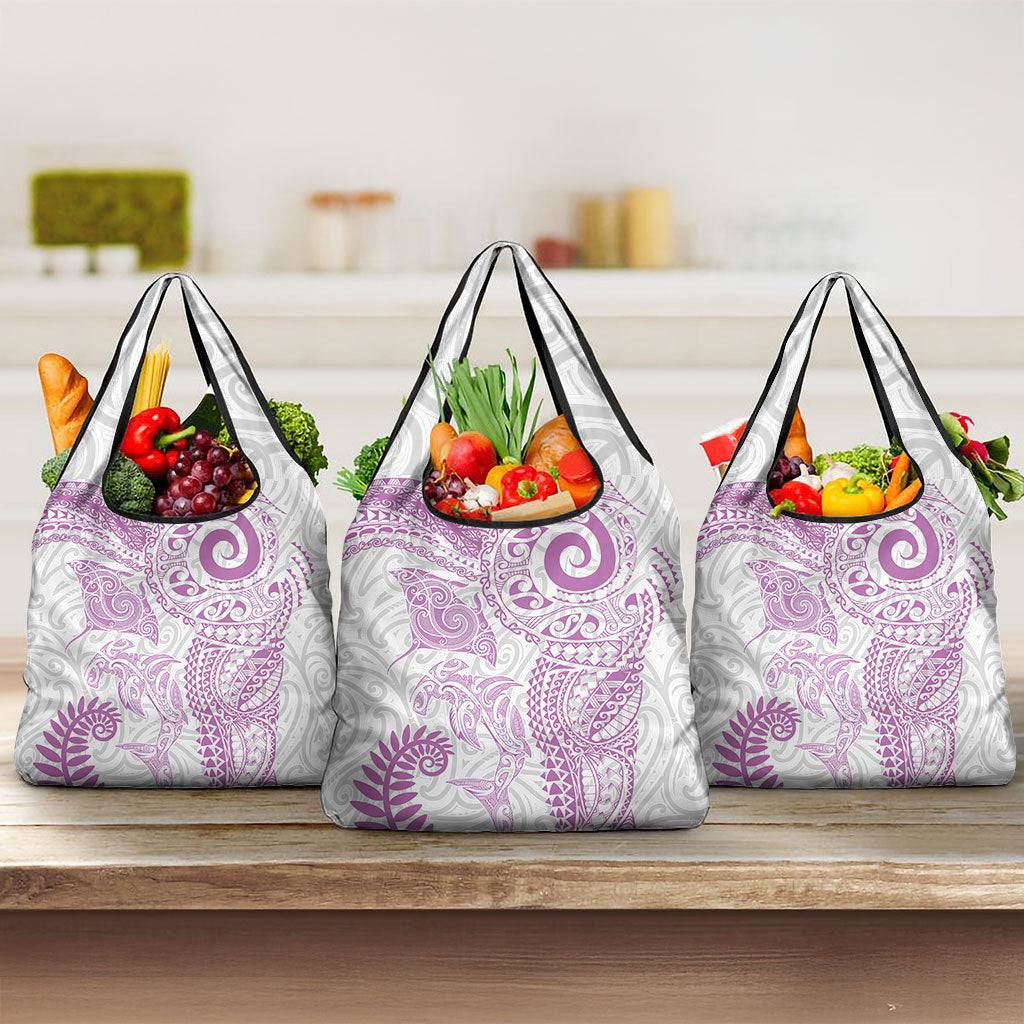 Aotearoa Maori Sea Animals Tribal Grocery Bag Manta Ray and Shark Moko Pattern Pink Color