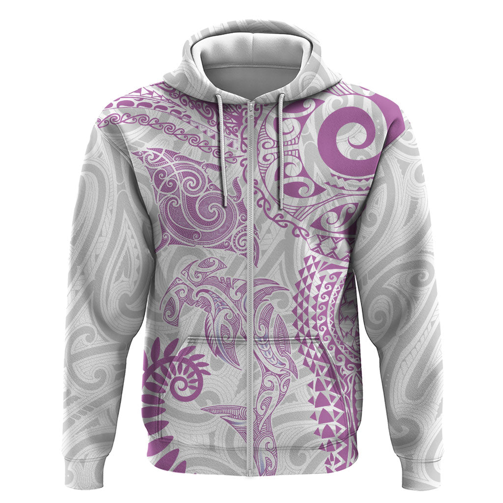 Aotearoa Maori Sea Animals Tribal Hoodie Manta Ray and Shark Moko Pattern Pink Color LT03 Zip Hoodie Pink - Polynesian Pride