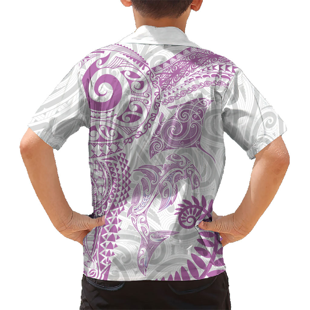 Aotearoa Maori Sea Animals Tribal Kid Hawaiian Shirt Manta Ray and Shark Moko Pattern Pink Color LT03 - Polynesian Pride