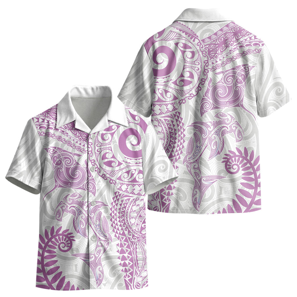 Aotearoa Maori Sea Animals Tribal Kid Hawaiian Shirt Manta Ray and Shark Moko Pattern Pink Color LT03 - Polynesian Pride