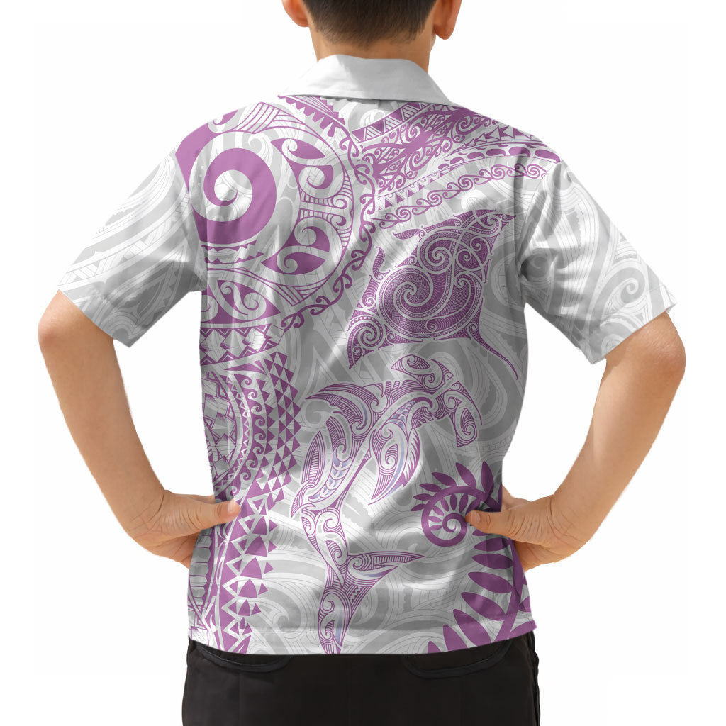Aotearoa Maori Sea Animals Tribal Kid Hawaiian Shirt Manta Ray and Shark Moko Pattern Pink Color LT03 - Polynesian Pride