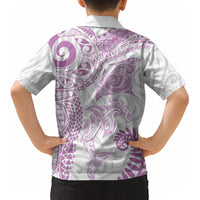 Aotearoa Maori Sea Animals Tribal Kid Hawaiian Shirt Manta Ray and Shark Moko Pattern Pink Color LT03 - Polynesian Pride