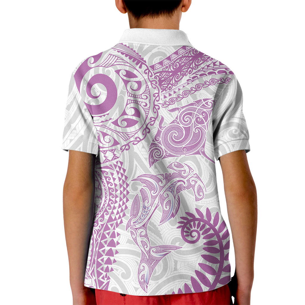 Aotearoa Maori Sea Animals Tribal Kid Polo Shirt Manta Ray and Shark Moko Pattern Pink Color LT03 - Polynesian Pride