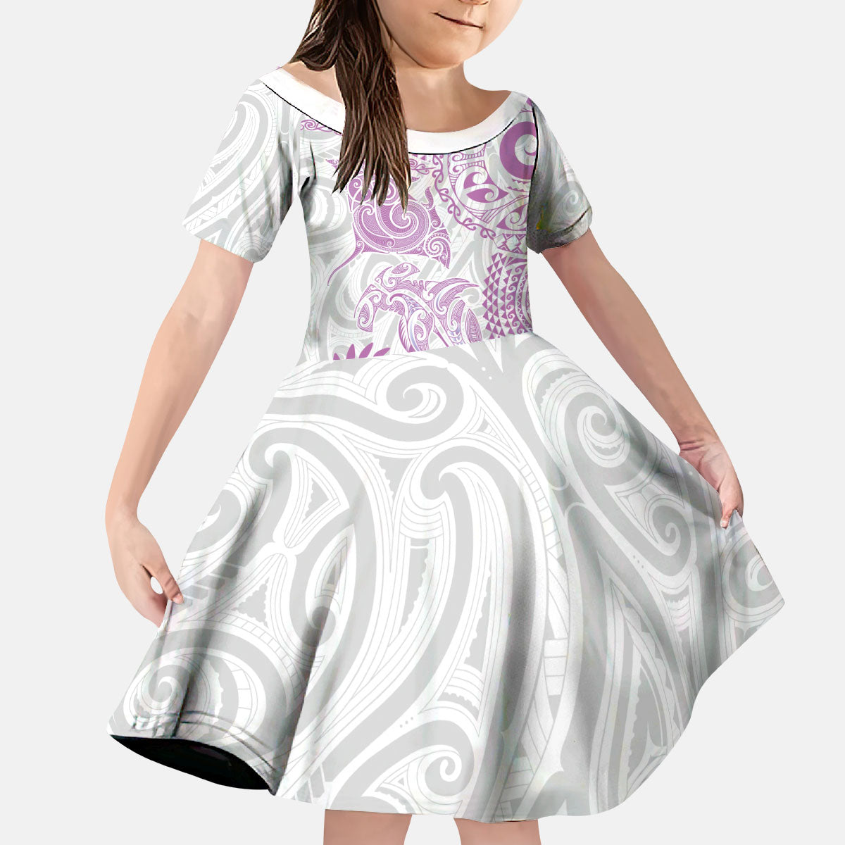 Aotearoa Maori Sea Animals Tribal Kid Short Sleeve Dress Manta Ray and Shark Moko Pattern Pink Color LT03 KID Pink - Polynesian Pride