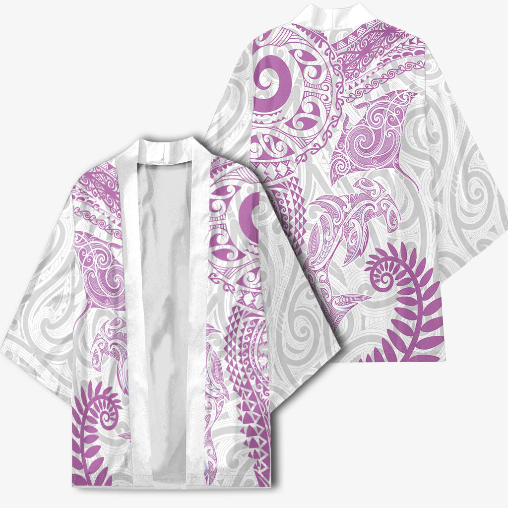Aotearoa Maori Sea Animals Tribal Kimono Manta Ray and Shark Moko Pattern Pink Color