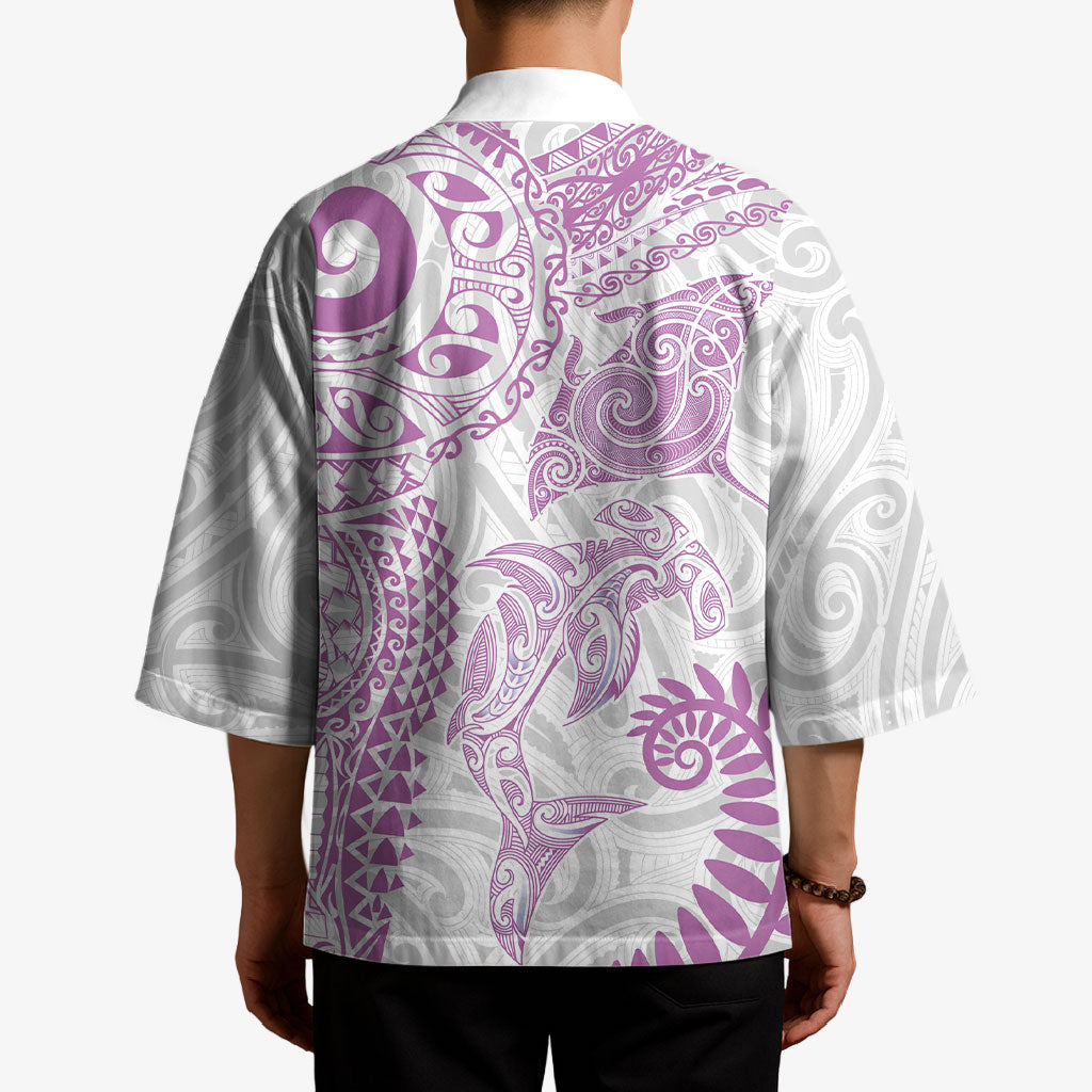Aotearoa Maori Sea Animals Tribal Kimono Manta Ray and Shark Moko Pattern Pink Color