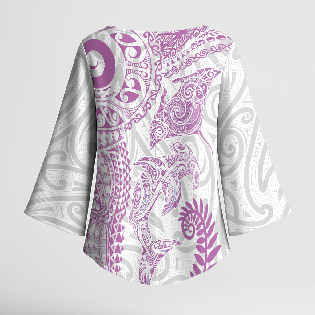 Aotearoa Maori Sea Animals Tribal Kimono Sleeve Blouse Manta Ray and Shark Moko Pattern Pink Color LT03 - Polynesian Pride