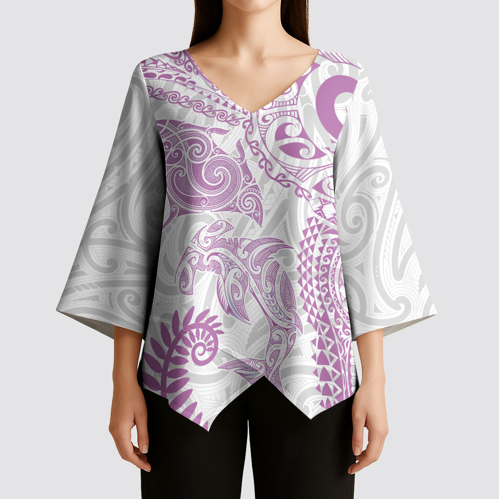 Aotearoa Maori Sea Animals Tribal Kimono Sleeve Blouse Manta Ray and Shark Moko Pattern Pink Color LT03 - Polynesian Pride