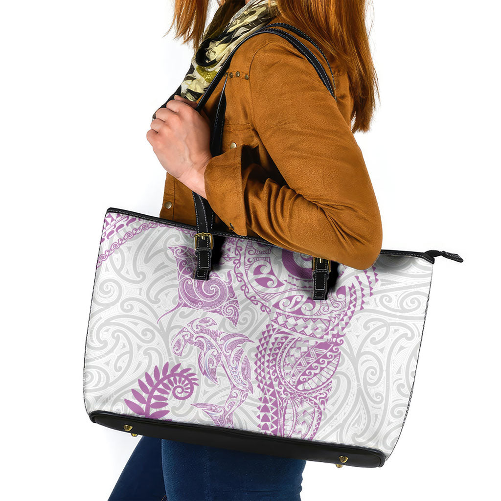Aotearoa Maori Sea Animals Tribal Leather Tote Bag Manta Ray and Shark Moko Pattern Pink Color LT03 Pink - Polynesian Pride