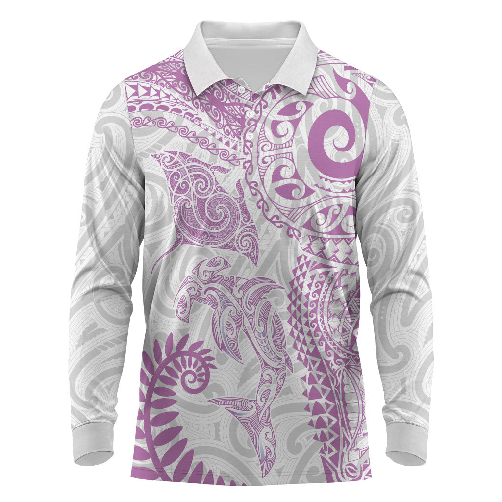 Aotearoa Maori Sea Animals Tribal Long Sleeve Polo Shirt Manta Ray and Shark Moko Pattern Pink Color LT03 Pink - Polynesian Pride