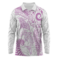 Aotearoa Maori Sea Animals Tribal Long Sleeve Polo Shirt Manta Ray and Shark Moko Pattern Pink Color LT03 Pink - Polynesian Pride