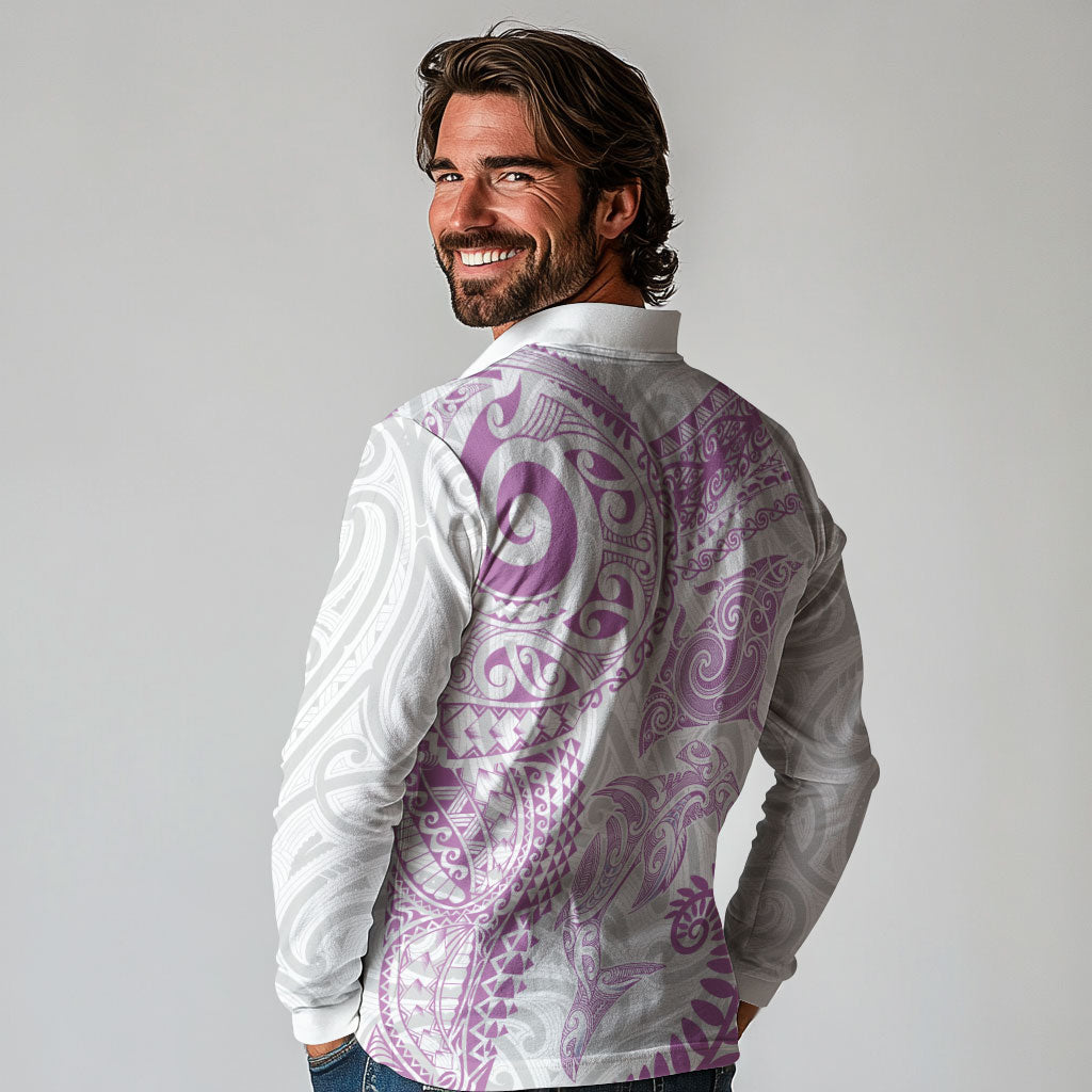 Aotearoa Maori Sea Animals Tribal Long Sleeve Polo Shirt Manta Ray and Shark Moko Pattern Pink Color LT03 - Polynesian Pride