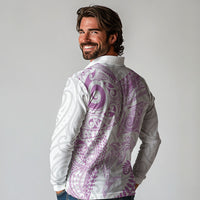 Aotearoa Maori Sea Animals Tribal Long Sleeve Polo Shirt Manta Ray and Shark Moko Pattern Pink Color LT03 - Polynesian Pride