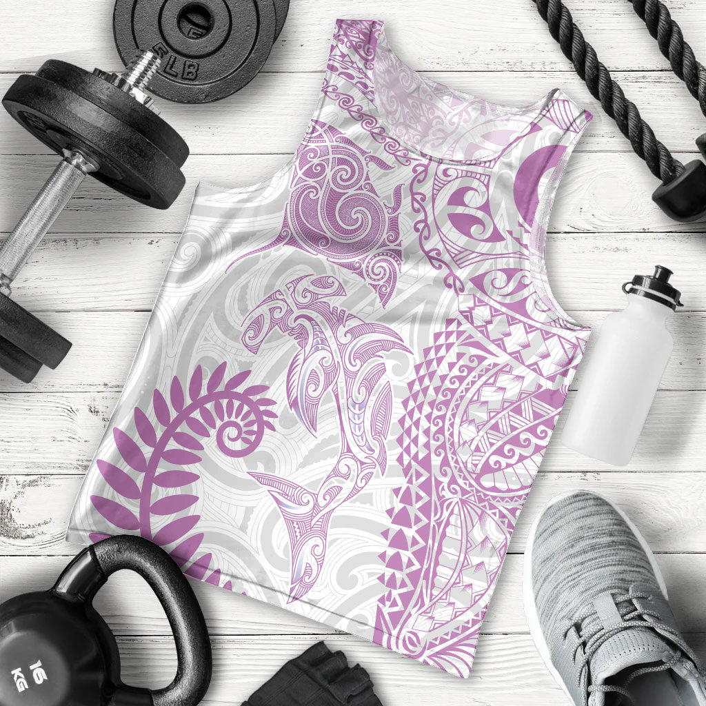 Aotearoa Maori Sea Animals Tribal Men Tank Top Manta Ray and Shark Moko Pattern Pink Color LT03 - Polynesian Pride