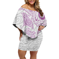 Aotearoa Maori Sea Animals Tribal Off Shoulder Short Dress Manta Ray and Shark Moko Pattern Pink Color LT03 Women Pink - Polynesian Pride