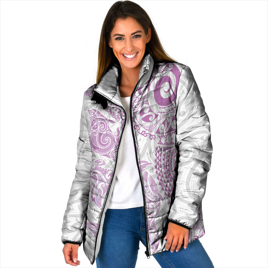Aotearoa Maori Sea Animals Tribal Padded Jacket Manta Ray and Shark Moko Pattern Pink Color