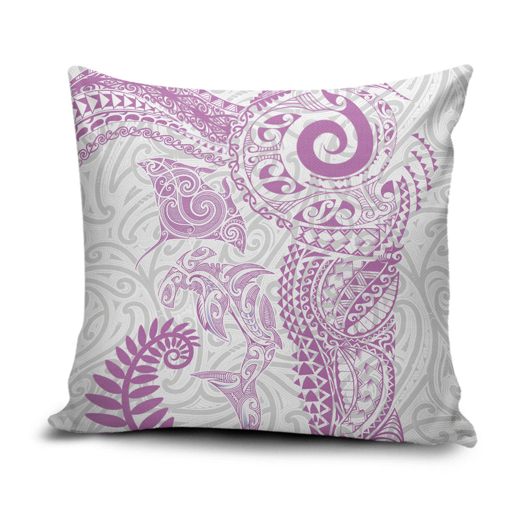 Aotearoa Maori Sea Animals Tribal Pillow Cover Manta Ray and Shark Moko Pattern Pink Color
