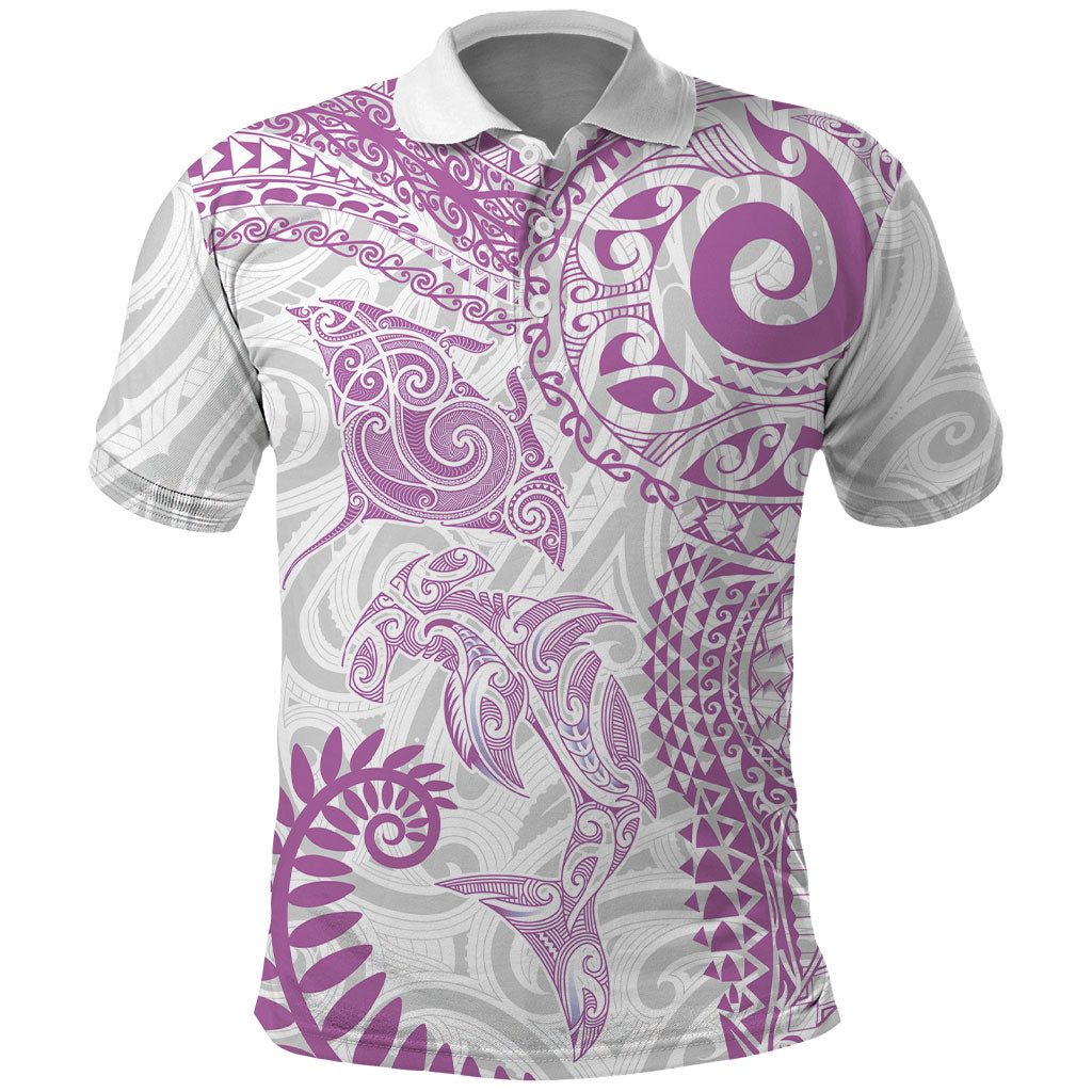 Aotearoa Maori Sea Animals Tribal Polo Shirt Manta Ray and Shark Moko Pattern Pink Color LT03 Pink - Polynesian Pride