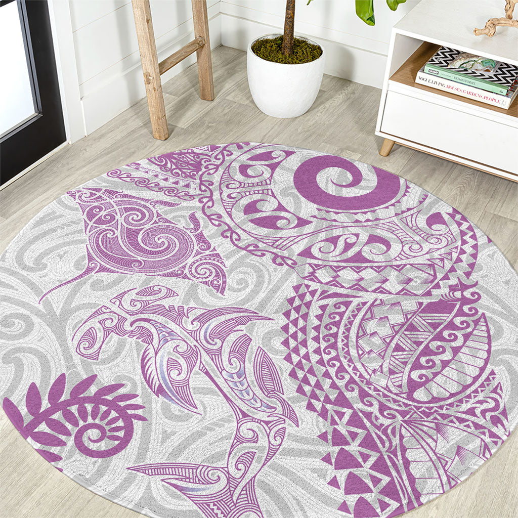Aotearoa Maori Sea Animals Tribal Round Carpet Manta Ray and Shark Moko Pattern Pink Color LT03 Pink - Polynesian Pride