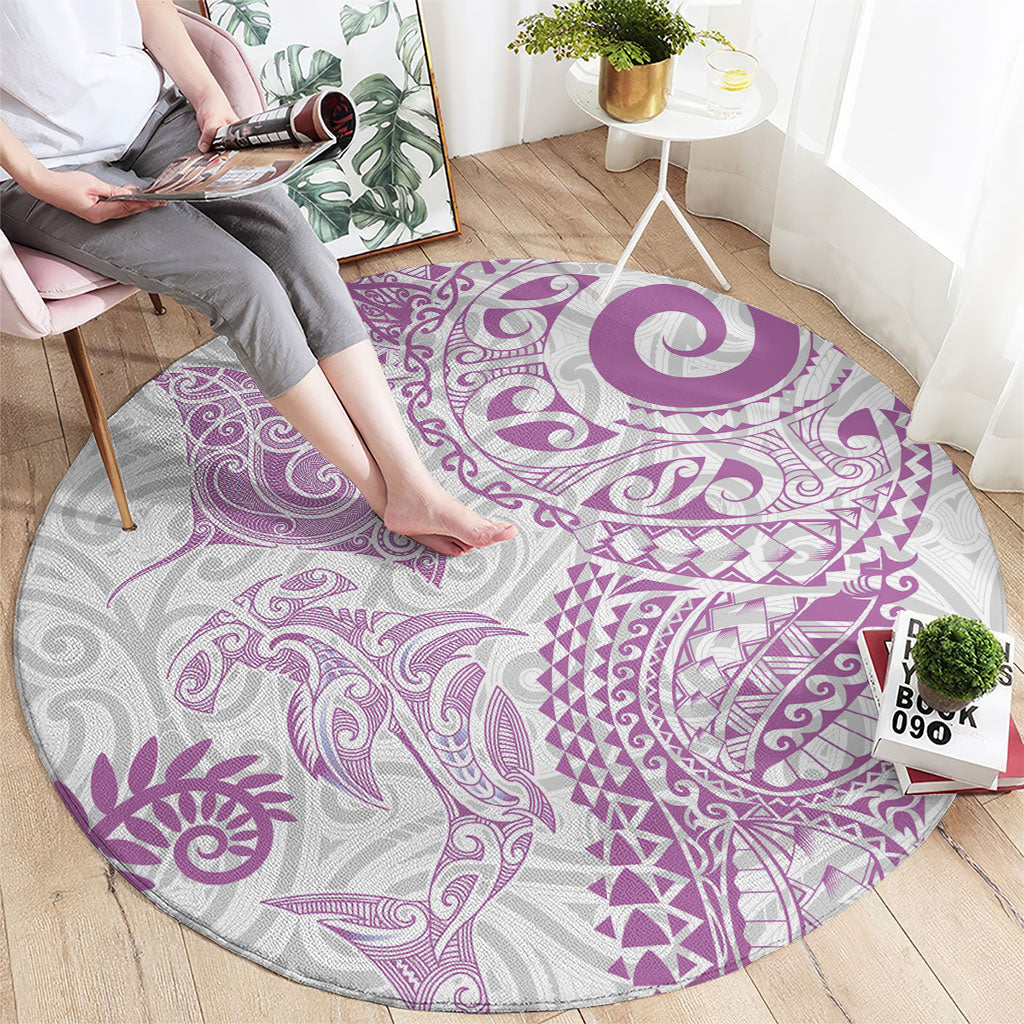 Aotearoa Maori Sea Animals Tribal Round Carpet Manta Ray and Shark Moko Pattern Pink Color LT03 - Polynesian Pride