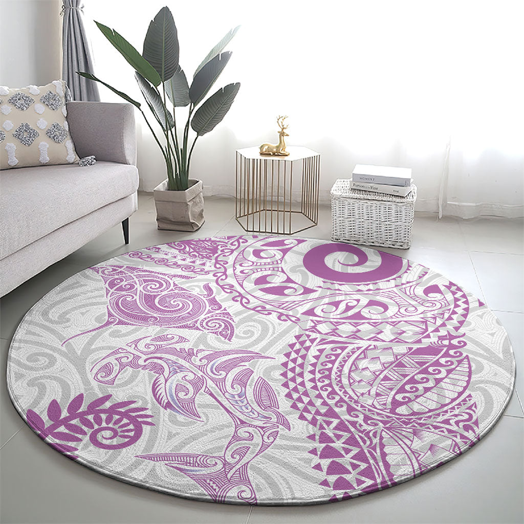 Aotearoa Maori Sea Animals Tribal Round Carpet Manta Ray and Shark Moko Pattern Pink Color LT03 - Polynesian Pride
