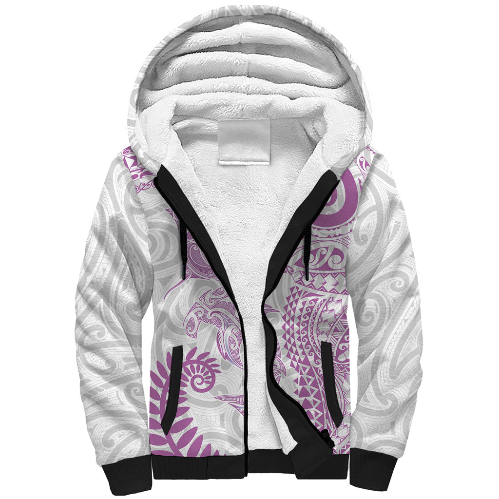 Aotearoa Maori Sea Animals Tribal Sherpa Hoodie Manta Ray and Shark Moko Pattern Pink Color LT03 Unisex Pink - Polynesian Pride