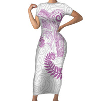 Aotearoa Maori Sea Animals Tribal Short Sleeve Bodycon Dress Manta Ray and Shark Moko Pattern Pink Color LT03 Long Dress Pink - Polynesian Pride