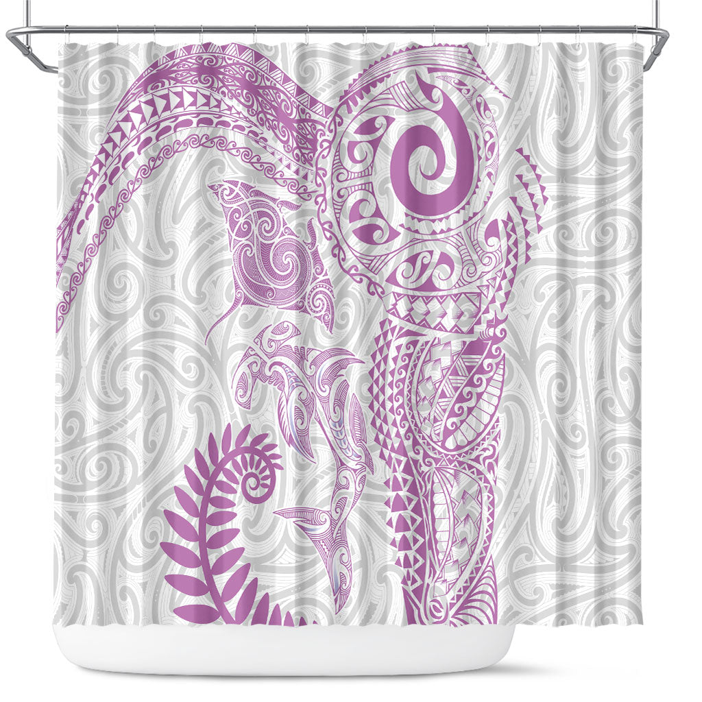 Aotearoa Maori Sea Animals Tribal Shower Curtain Manta Ray and Shark Moko Pattern Pink Color